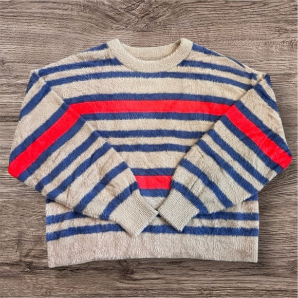 Aerie Flurry Crew Striped Fuzzy Sweater in Red and Blue size Small NWOT - Picture 1 of 10